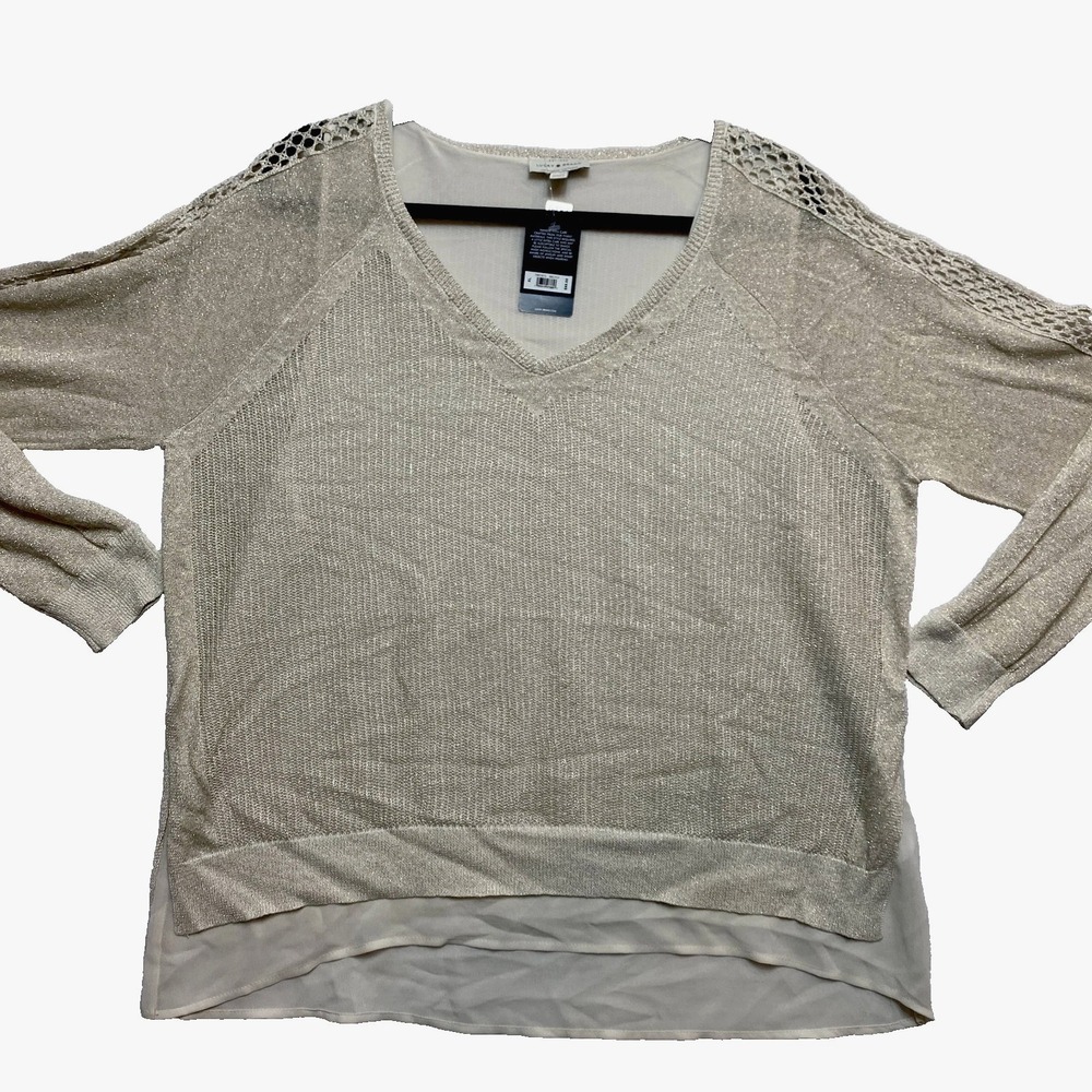 Lucky Brand Top Womens XL Beige long Sleeve Metallic Knit Sheer Lined